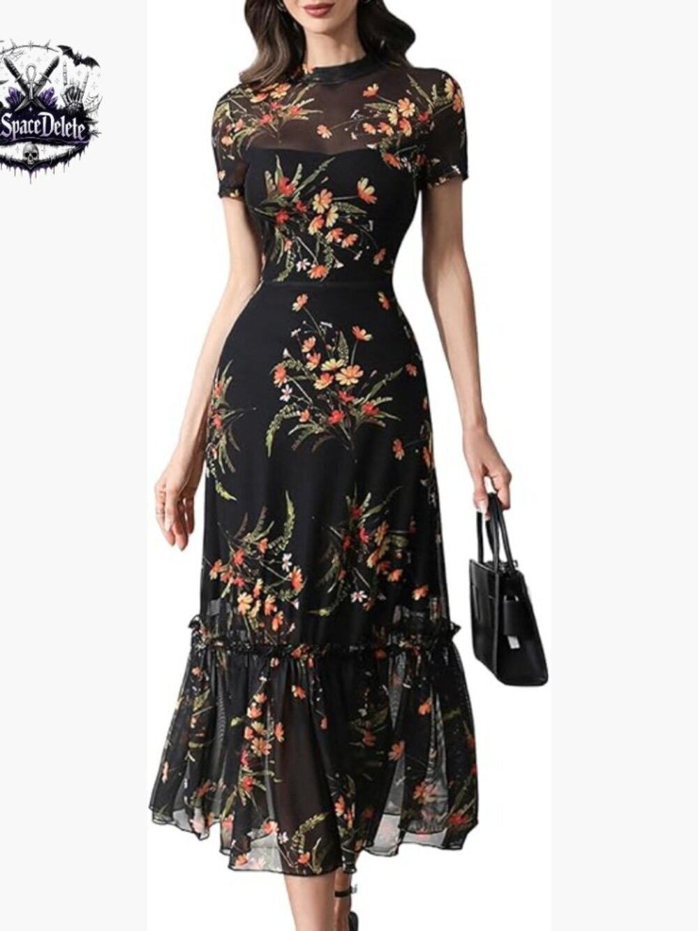Floral Mesh Maxi Dress with Ruffles, Short Sleeve, High Waist, Casual Wedding